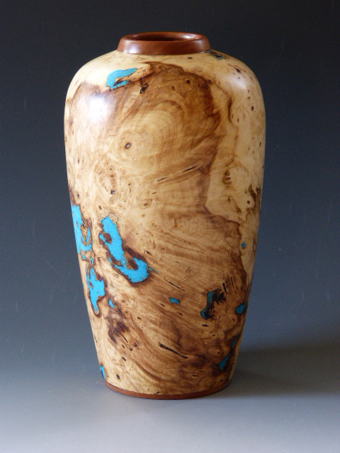 BF24-01 Buckeye Burl and Turquoise Vase 8.75x4.5 W1125 925 tiny