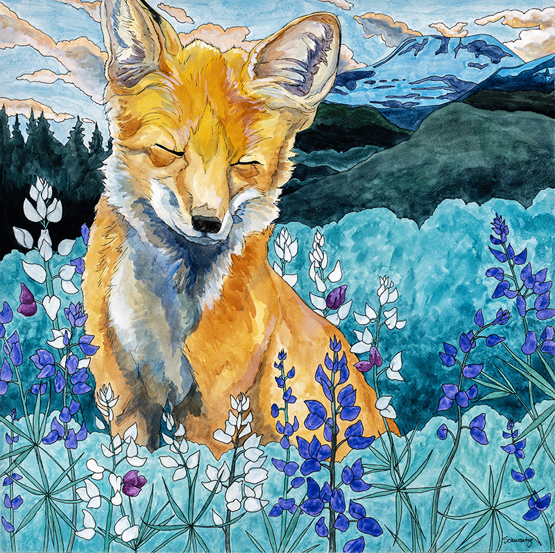 TS24-10 Lost In Lupine 12x12 wc, ink, gouache 1500 F tiny