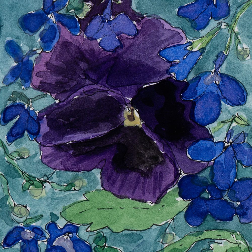 IK22-10 Pansies and Lobelia 4.5x4 watercolor and ink 350 F