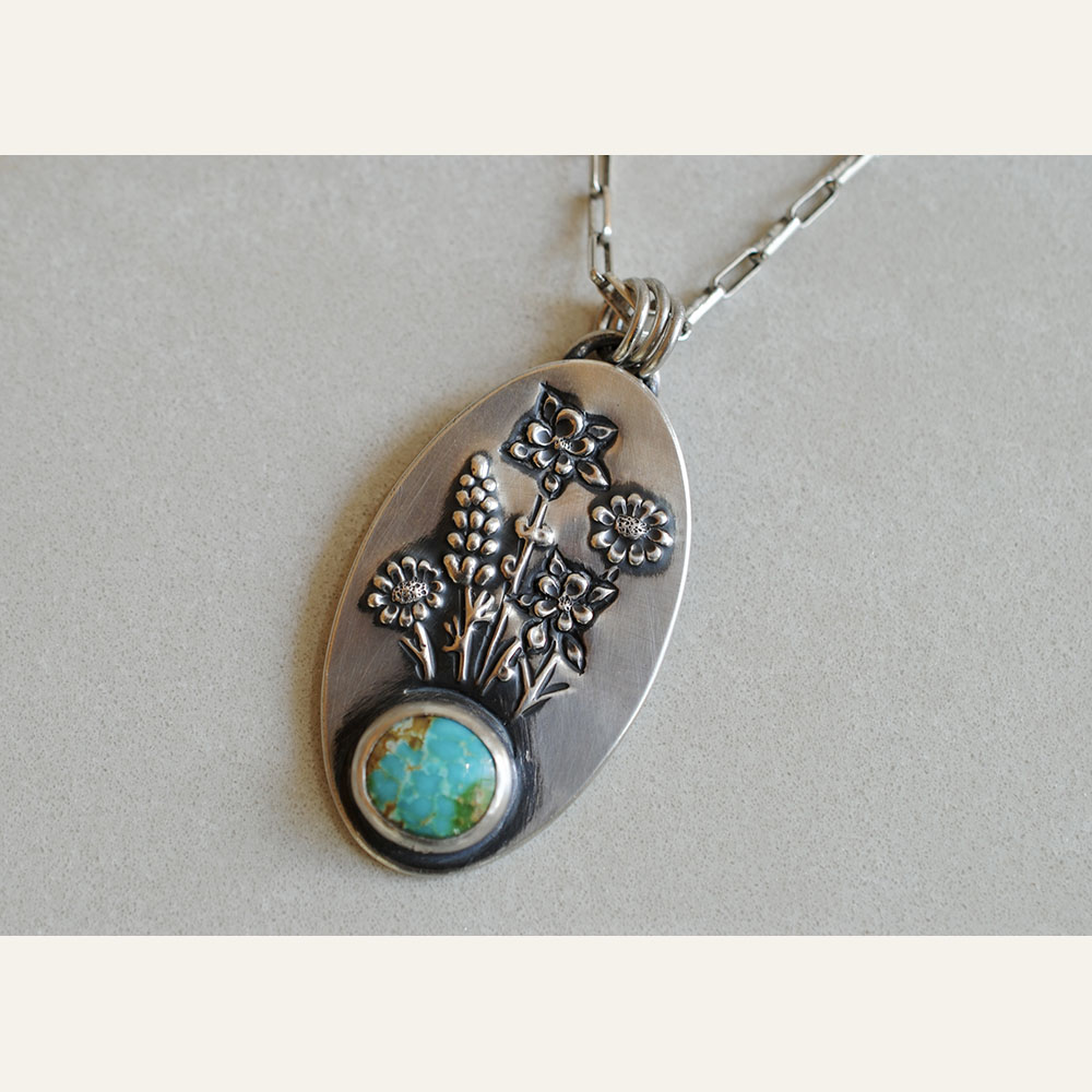 GMJ24-01 Wildflower Pendant 1 sterling silver and Sonoran turquoise 1100 WEB