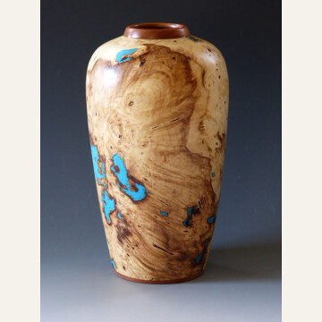 BF24-01 Buckeye Burl and Turquoise Vase 8.75x4.5 W1125 925 WEB